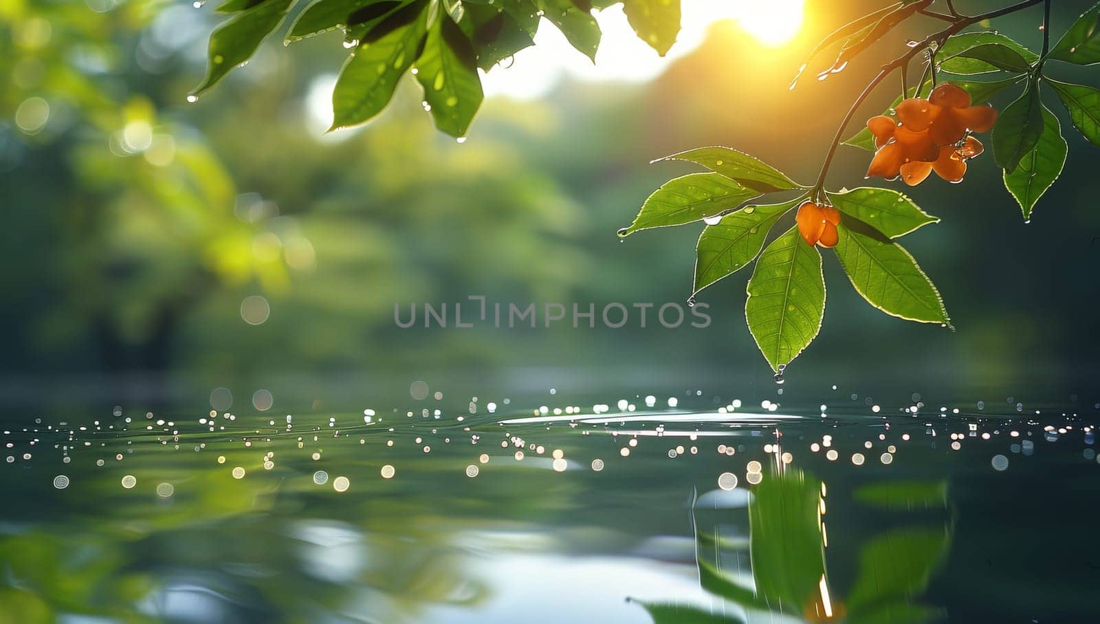 Sunlit rowan branch with berries over sparkling water by ailike