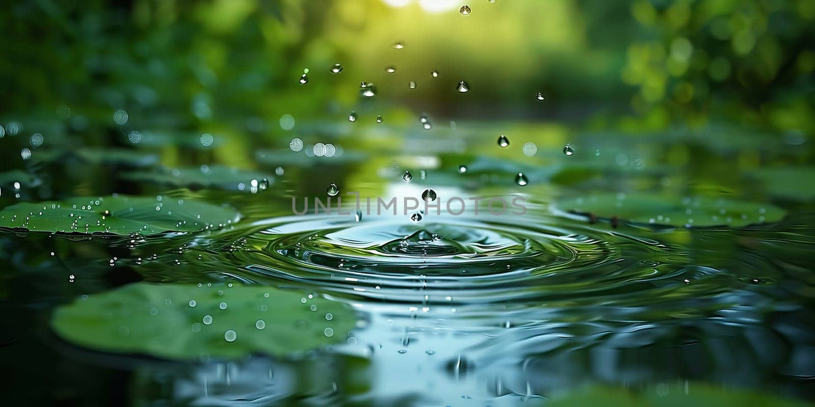 Water drop with green leaves and ripples on the water surface.