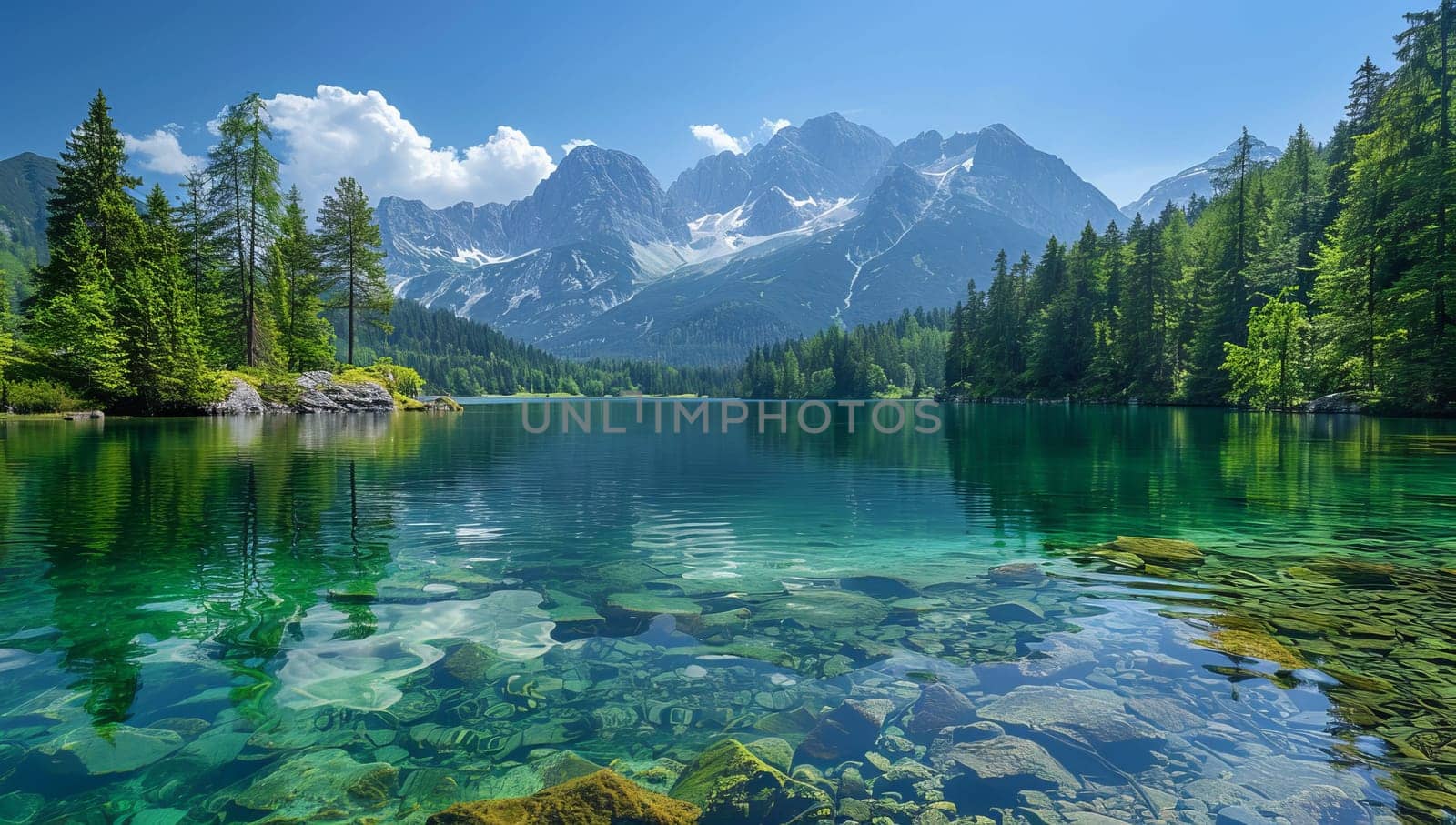 Breathtaking view of a clear lake surrounded by lush green trees with majestic mountains in the background by ailike