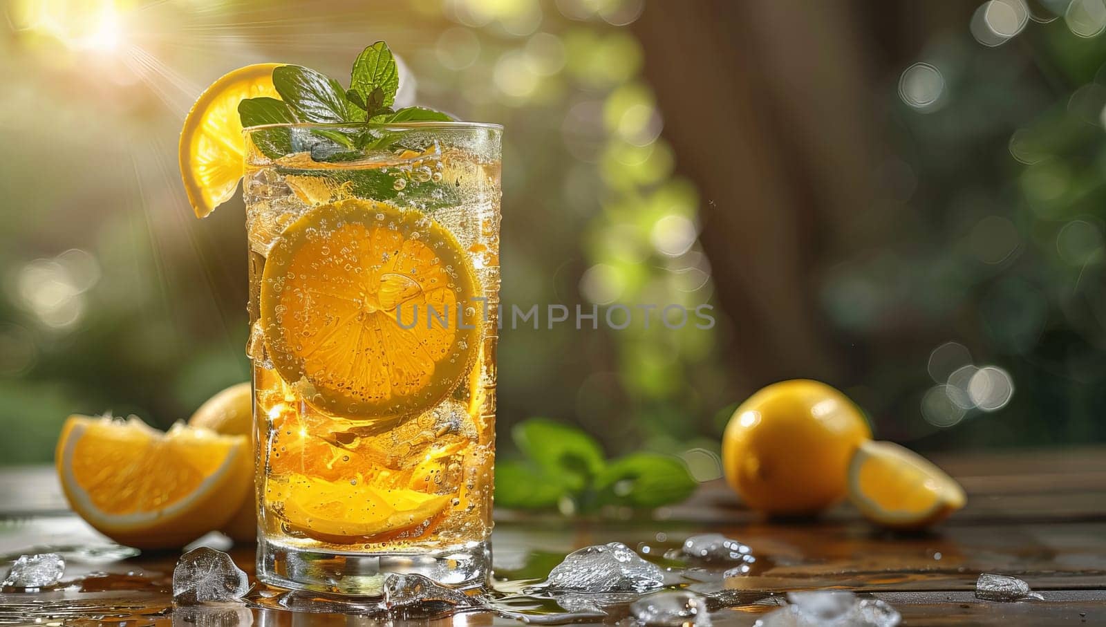 Refreshing cocktail with orange lemon and mint on a wooden table in sunlight by ailike