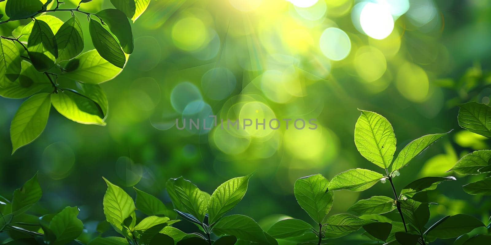 green leaves background in sunny day with bokeh and copy space