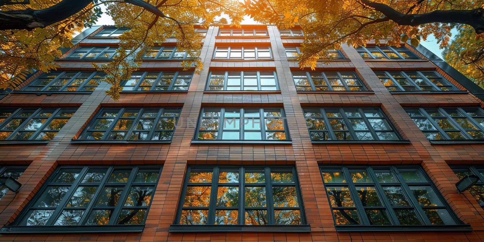 Facade of a modern building in the fall with yellow leaves.