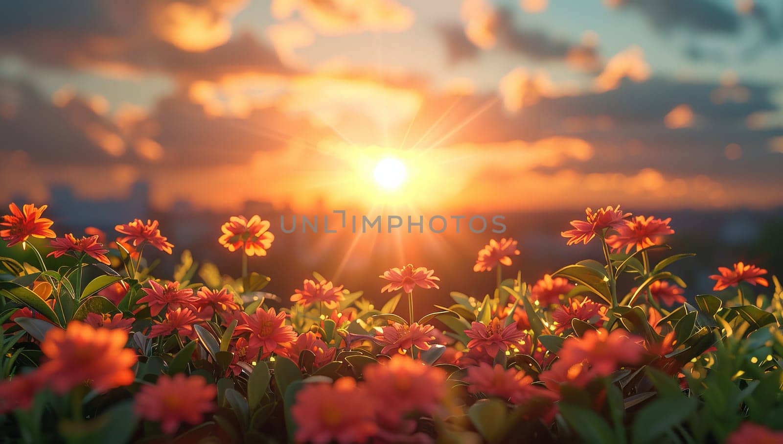 Beautiful sunset over the field with zinnia flowers. Floral background.