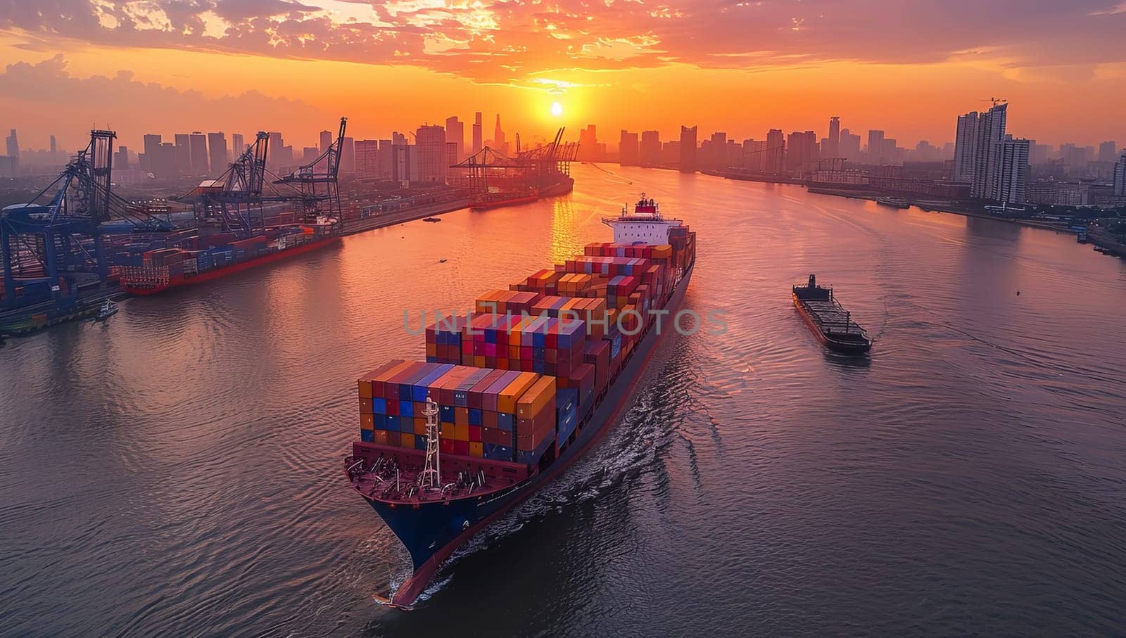 Aerial view of container cargo ship with working crane bridge at sunset by ailike