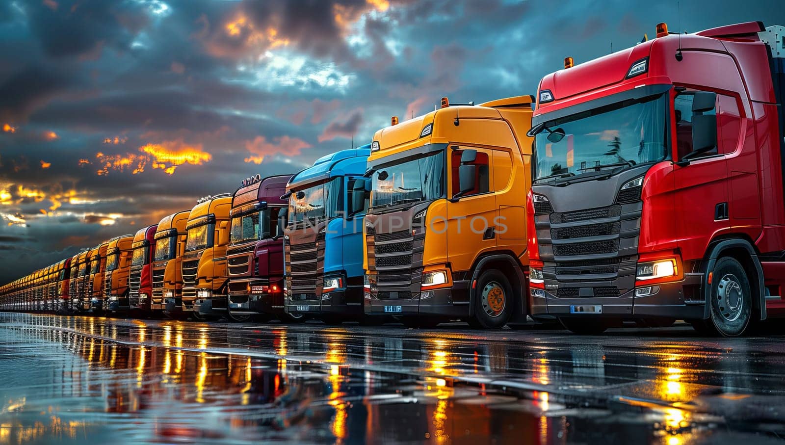 Group of trucks in a row on a wet road at sunset.