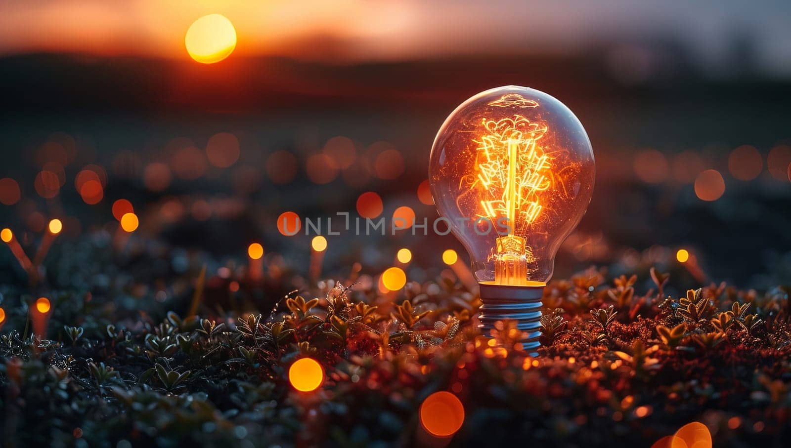 Glowing light bulb illuminating a serene forest at sunset