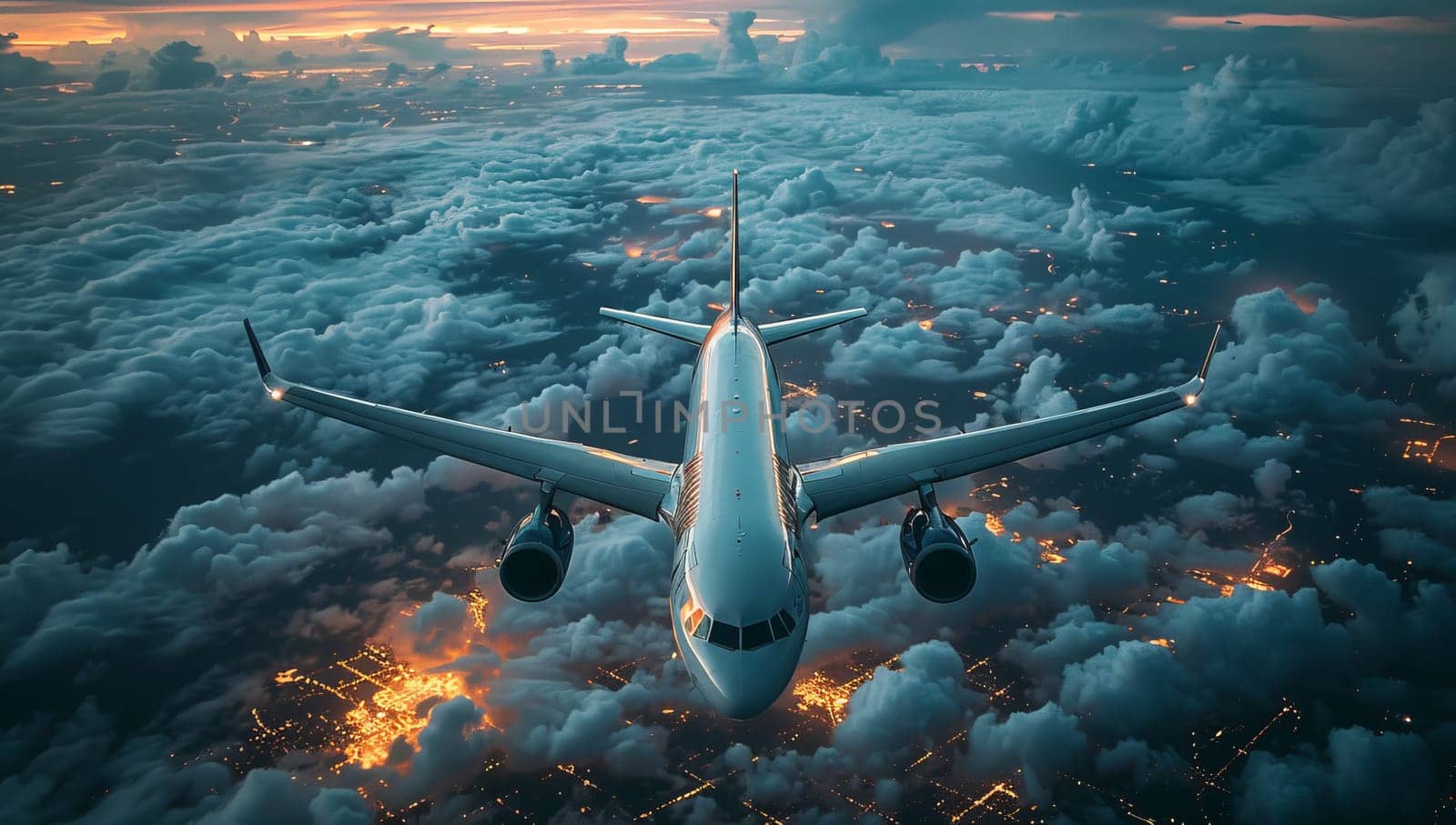 Airplane ascending through clouds over illuminated city at dusk