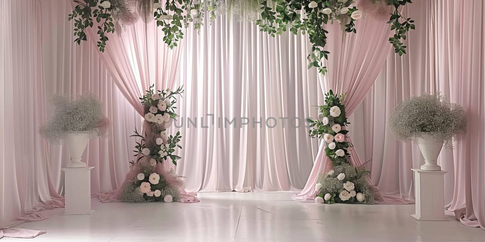 Elegant wedding decor with pink curtains and white flowers by ailike