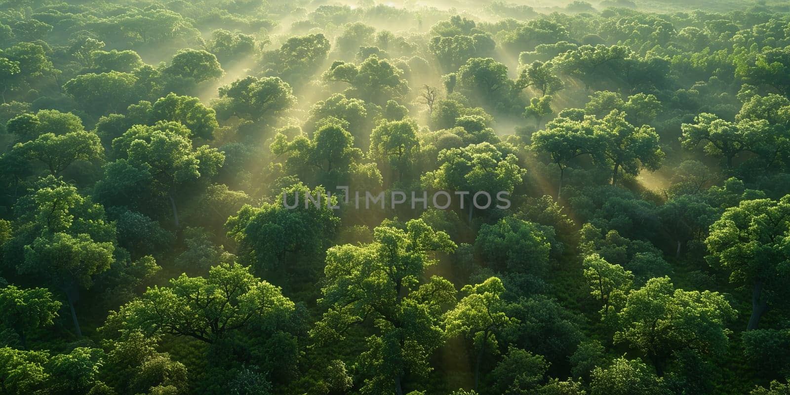 Aerial view captures misty forest bathed in sunrise glow