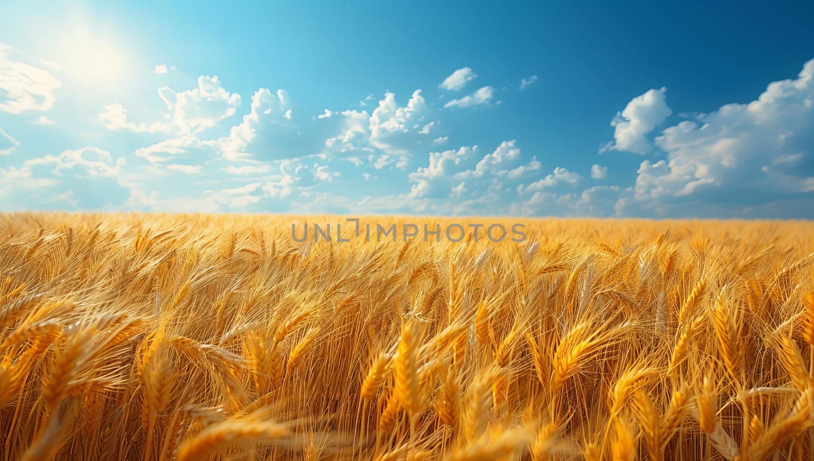 Golden wheat field and blue sky with clouds. Rich harvest Concept. by ailike