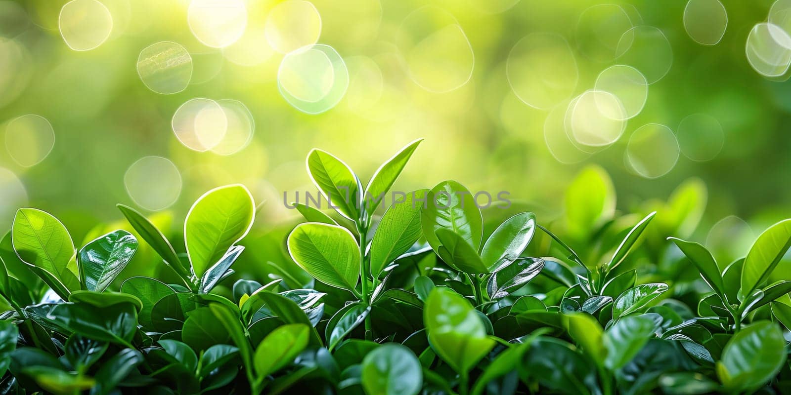 Close up of green tea leaves on blurred greenery background with sunlight. by ailike