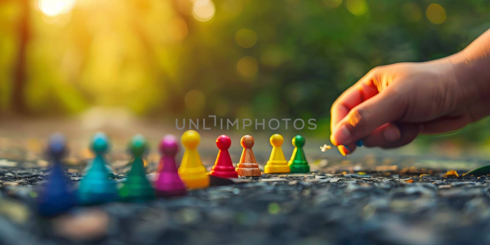 Child placing yellow game pawn on outdoor path