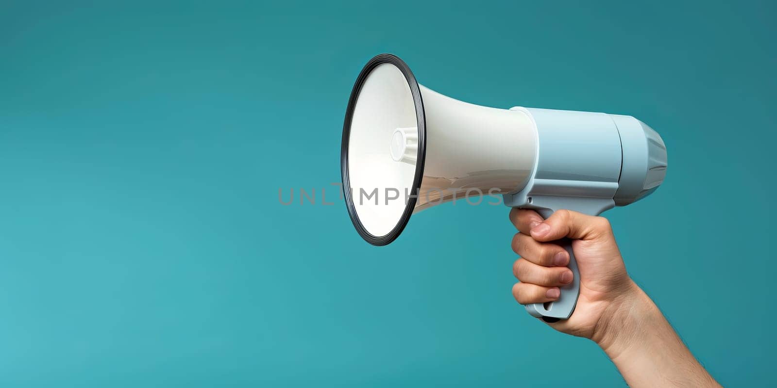 Female hand holding a megaphone on a blue background with copy space
