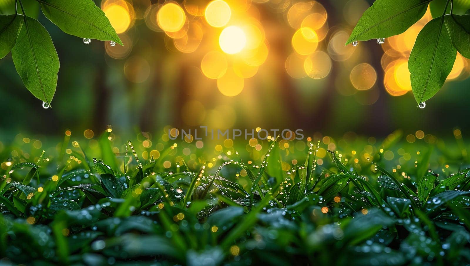 Morning dew on green grass with bokeh light background. by ailike