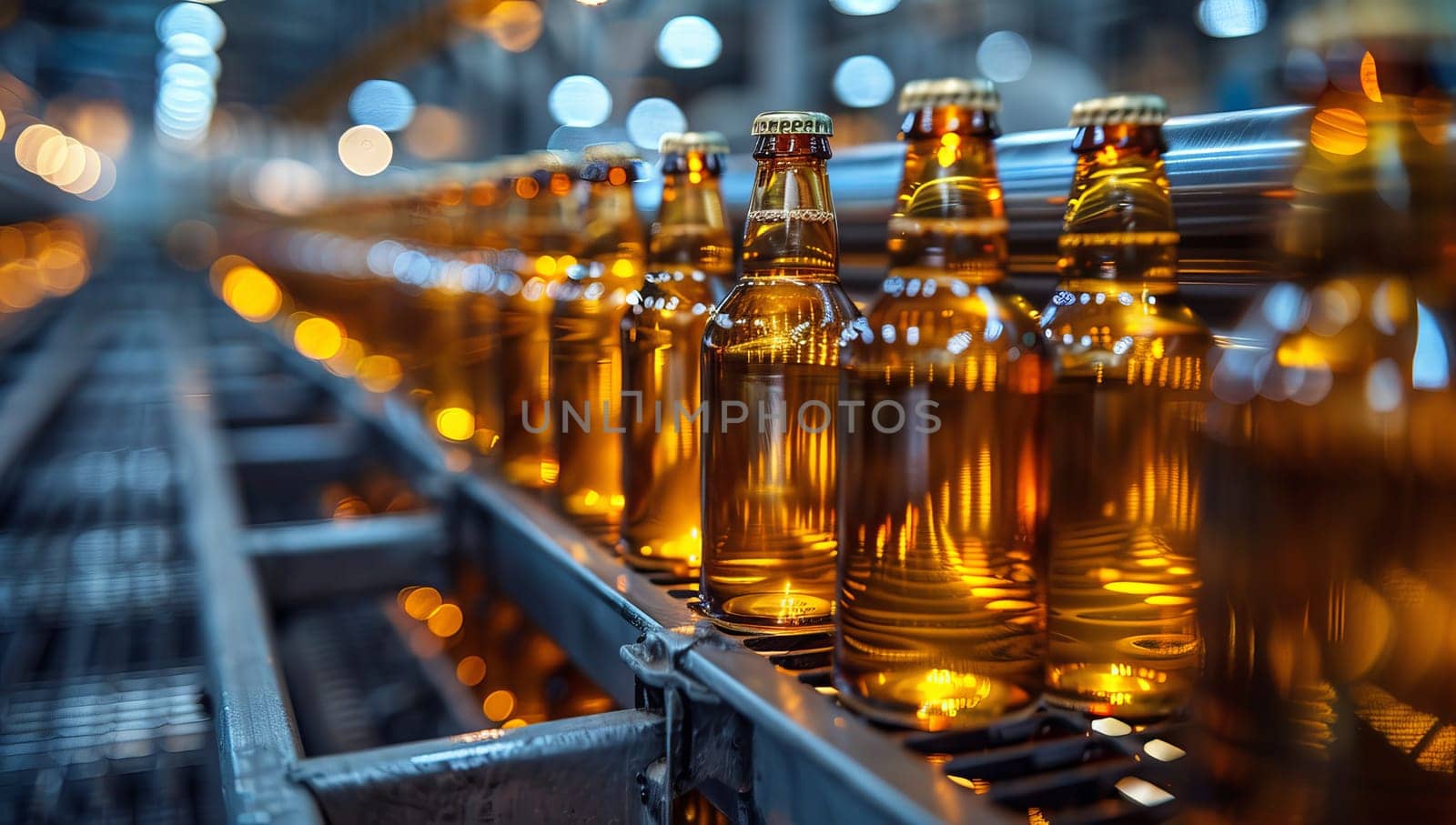 Bottles of beer on the conveyor belt in the factory.