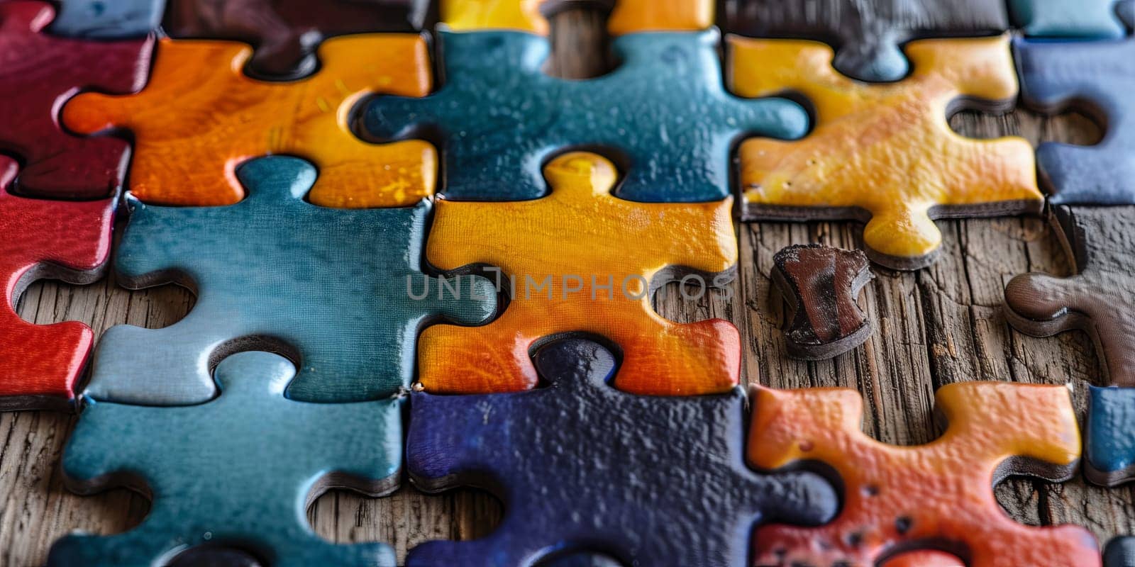 Colorful jigsaw puzzle pieces on old wooden table