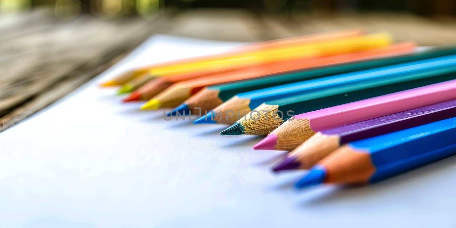 Colorful pencils neatly aligned on white paper by ailike