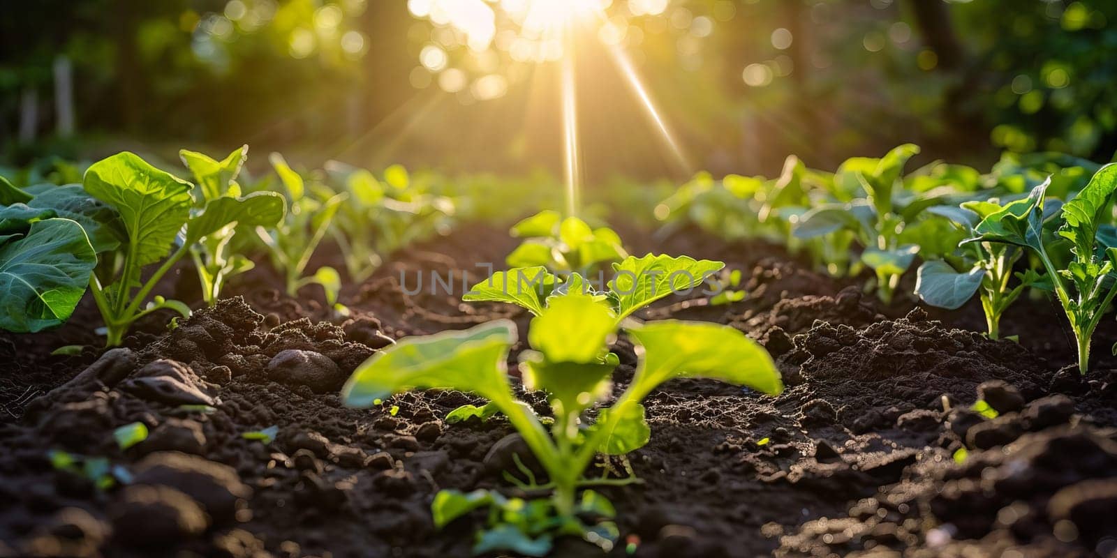 Sunset in the vegetable garden with sunbeams and lens flare