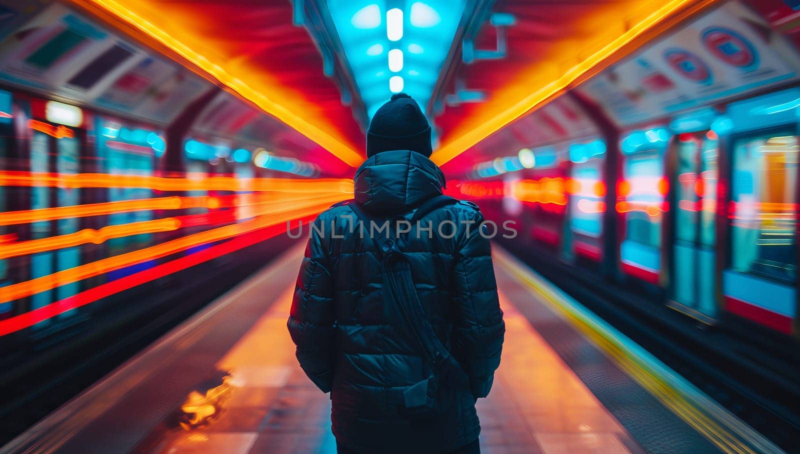 A young man in a blue jacket with a hood stands in the subway tunnel