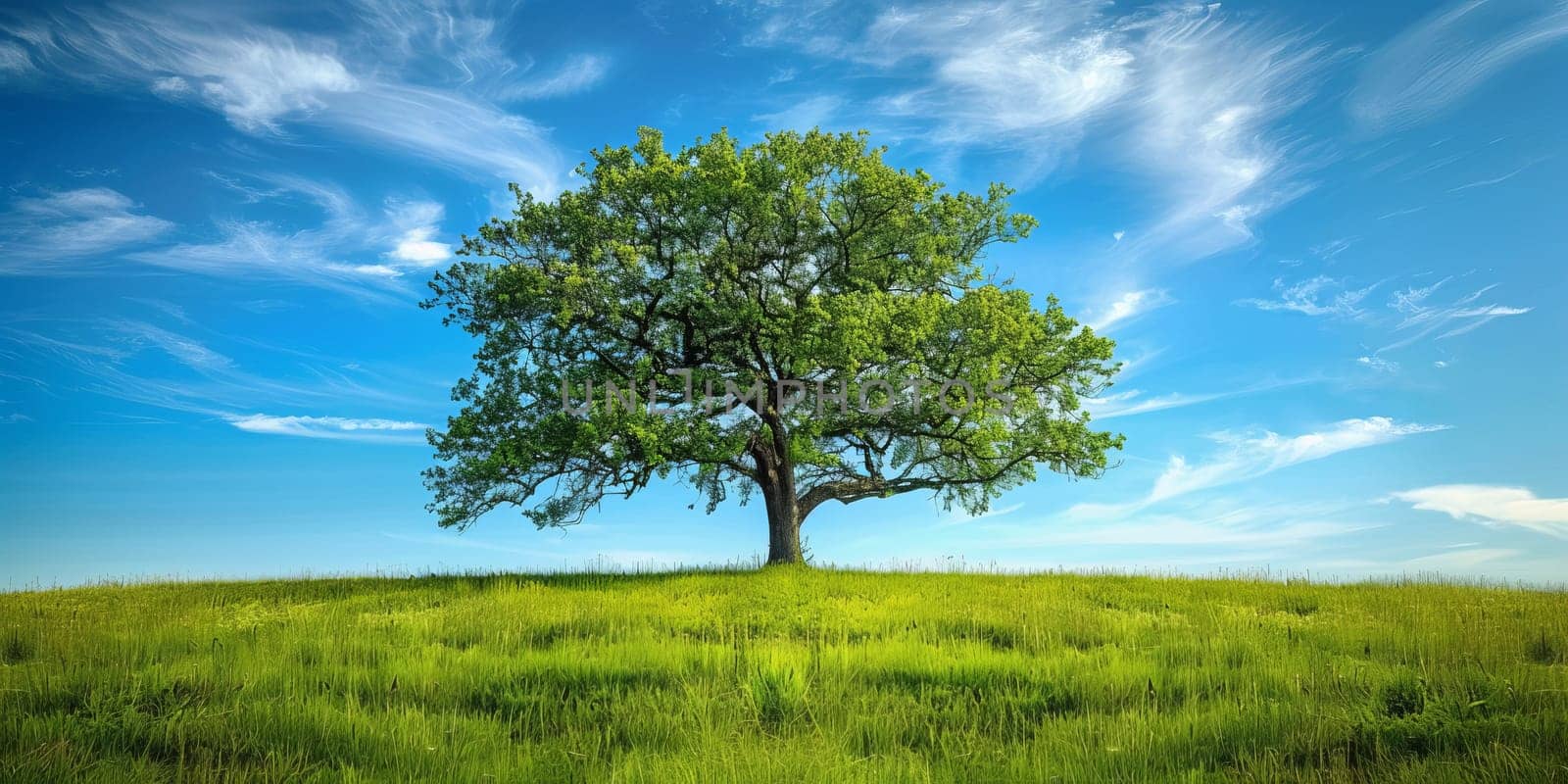 A lone tree stands tall amidst vibrant green grass under a bright blue sky