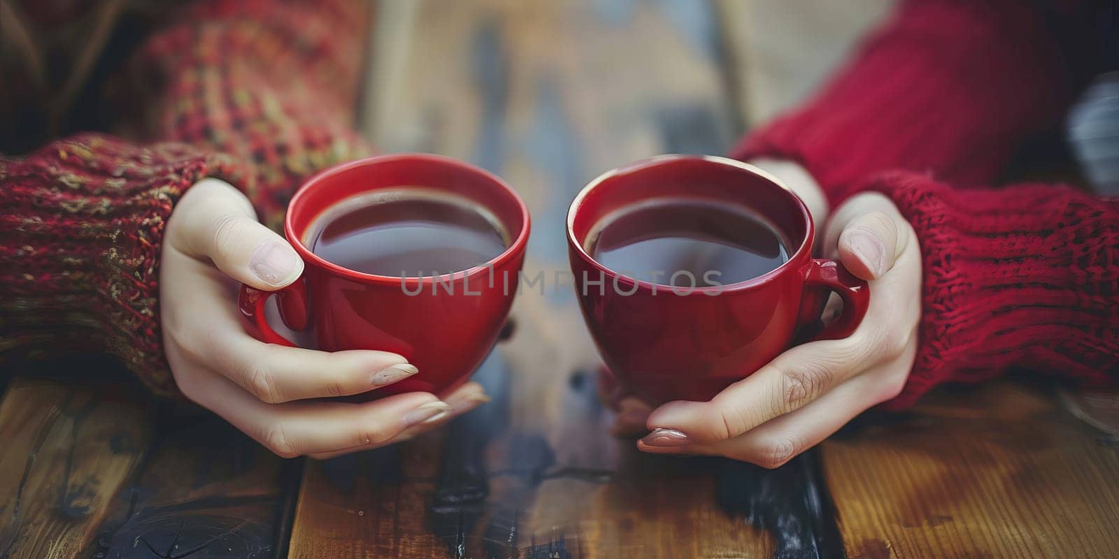 Two cups of hot tea in female hands on a wooden table.