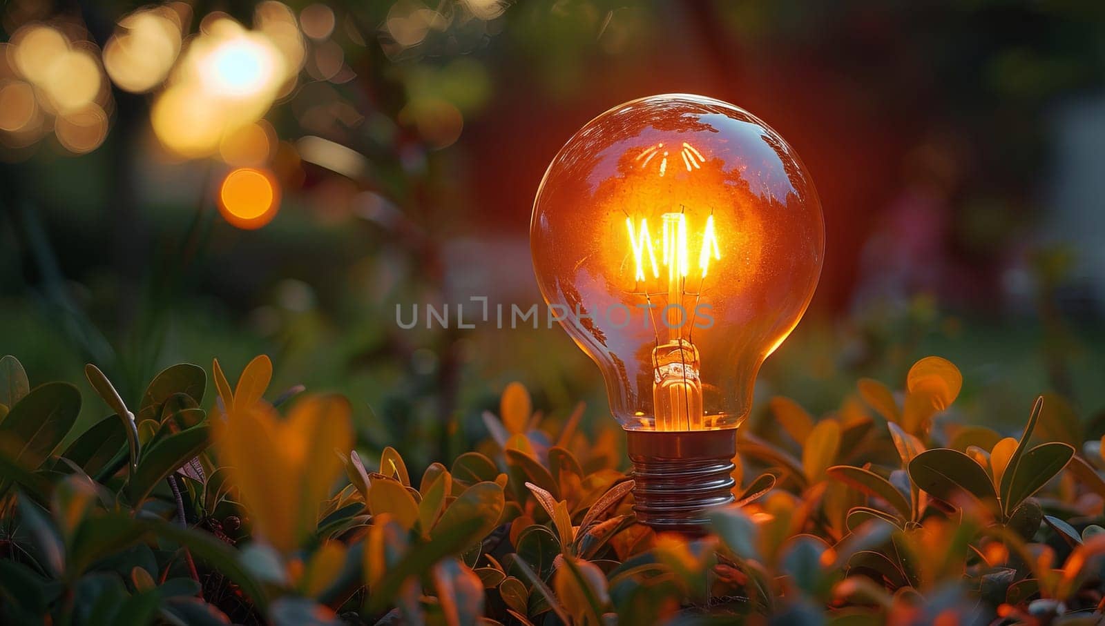 Glowing light bulb in the garden with bokeh background.