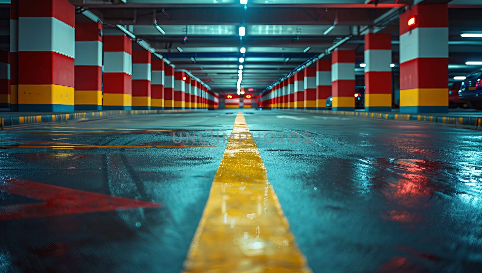 Empty underground parking lot with vibrant yellow and red stripes by ailike