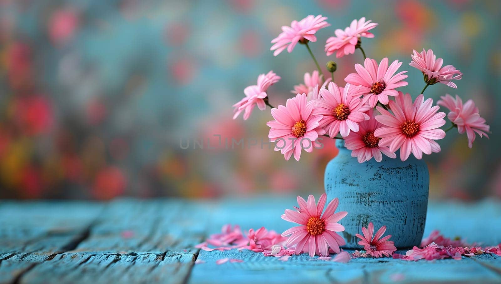 Pink daisies in a vase on a blue wooden table