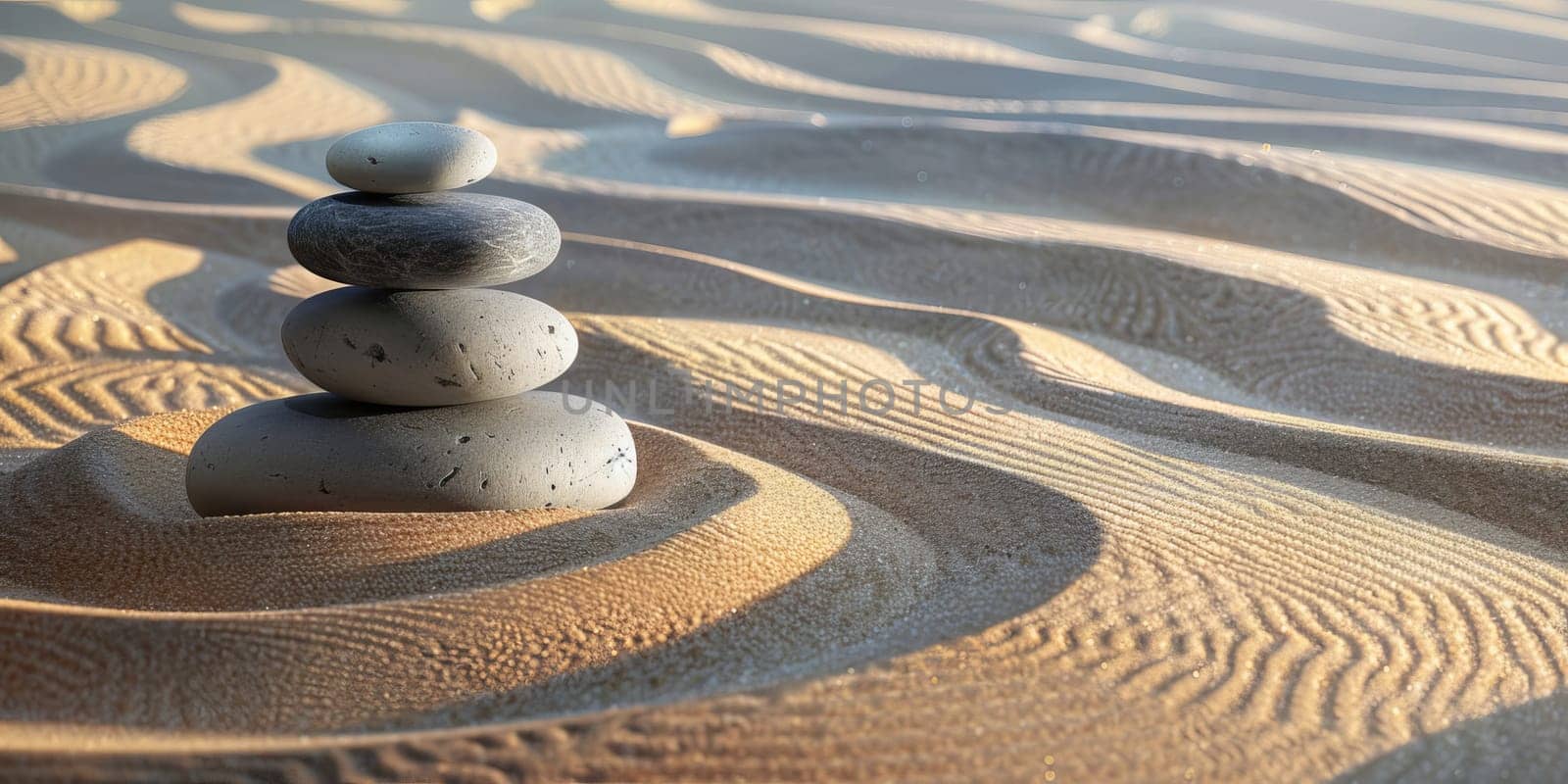 zen stones on sand in zen garden, meditation and relaxation concept
