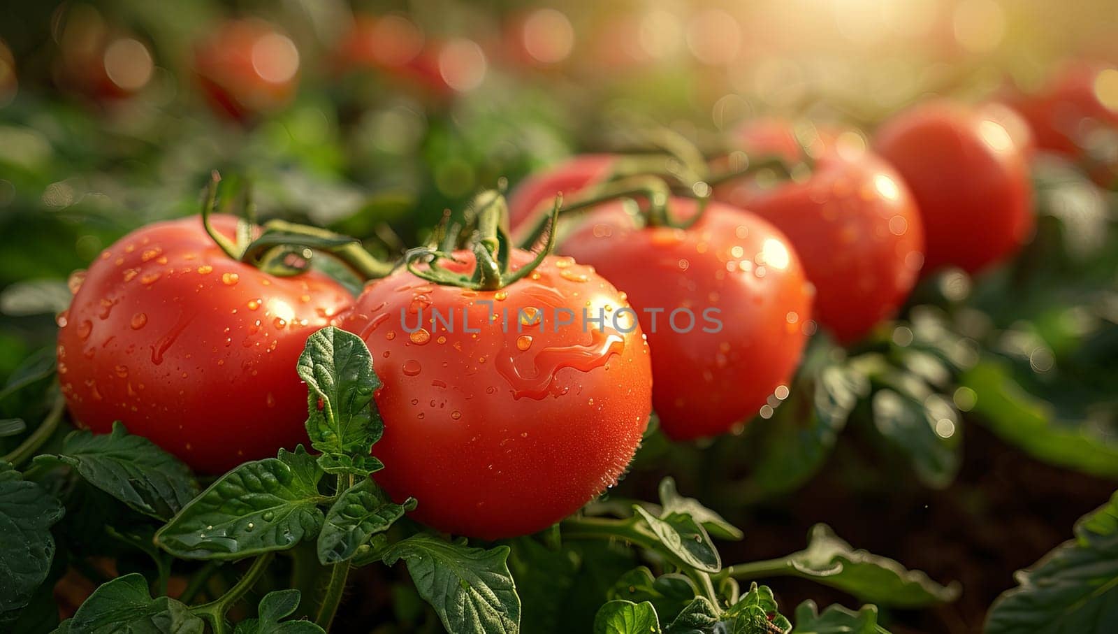 Ripe red tomatoes glisten with dew in the morning sun amidst lush green leaves.