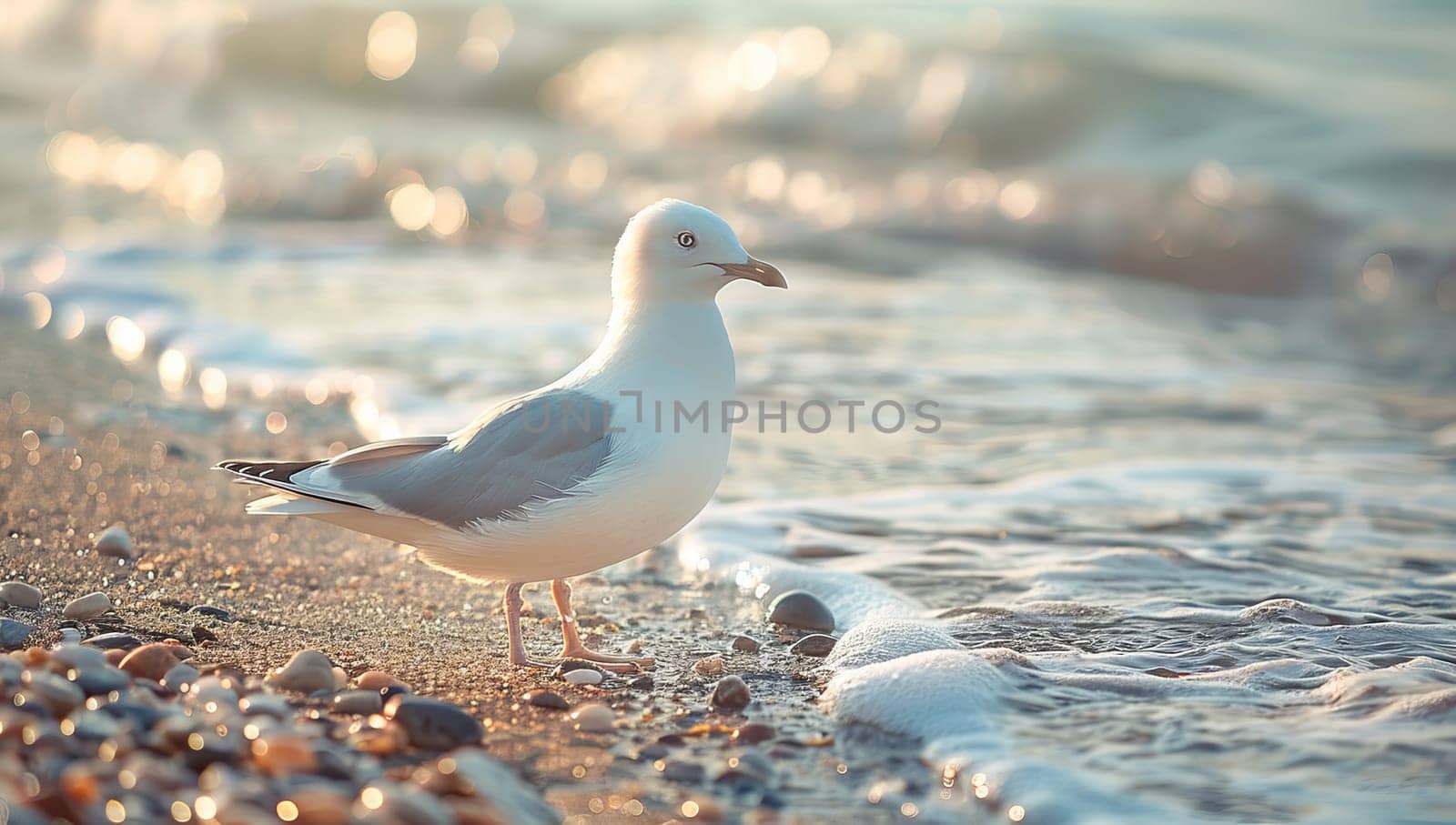 Seagull on the seashore in the rays of the setting sun by ailike