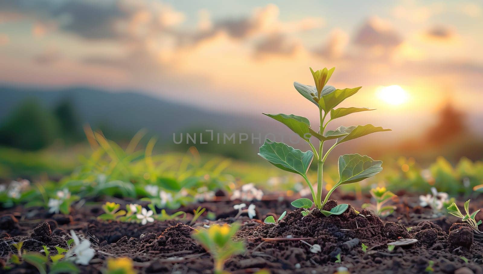 Soybean seedling stands tall in field during a vibrant sunset.