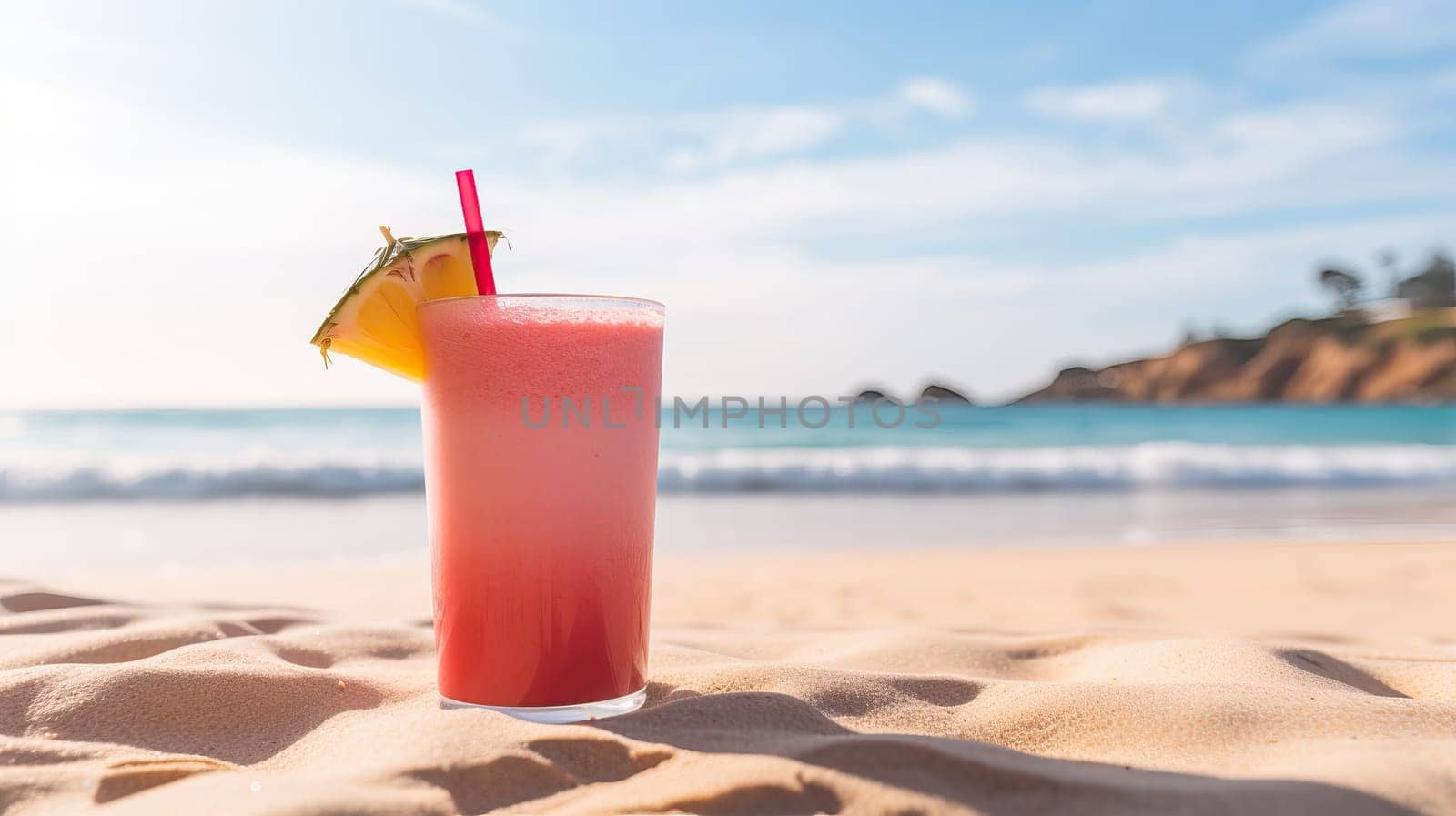Strawberry smoothie on the beach, summer vacation concept.