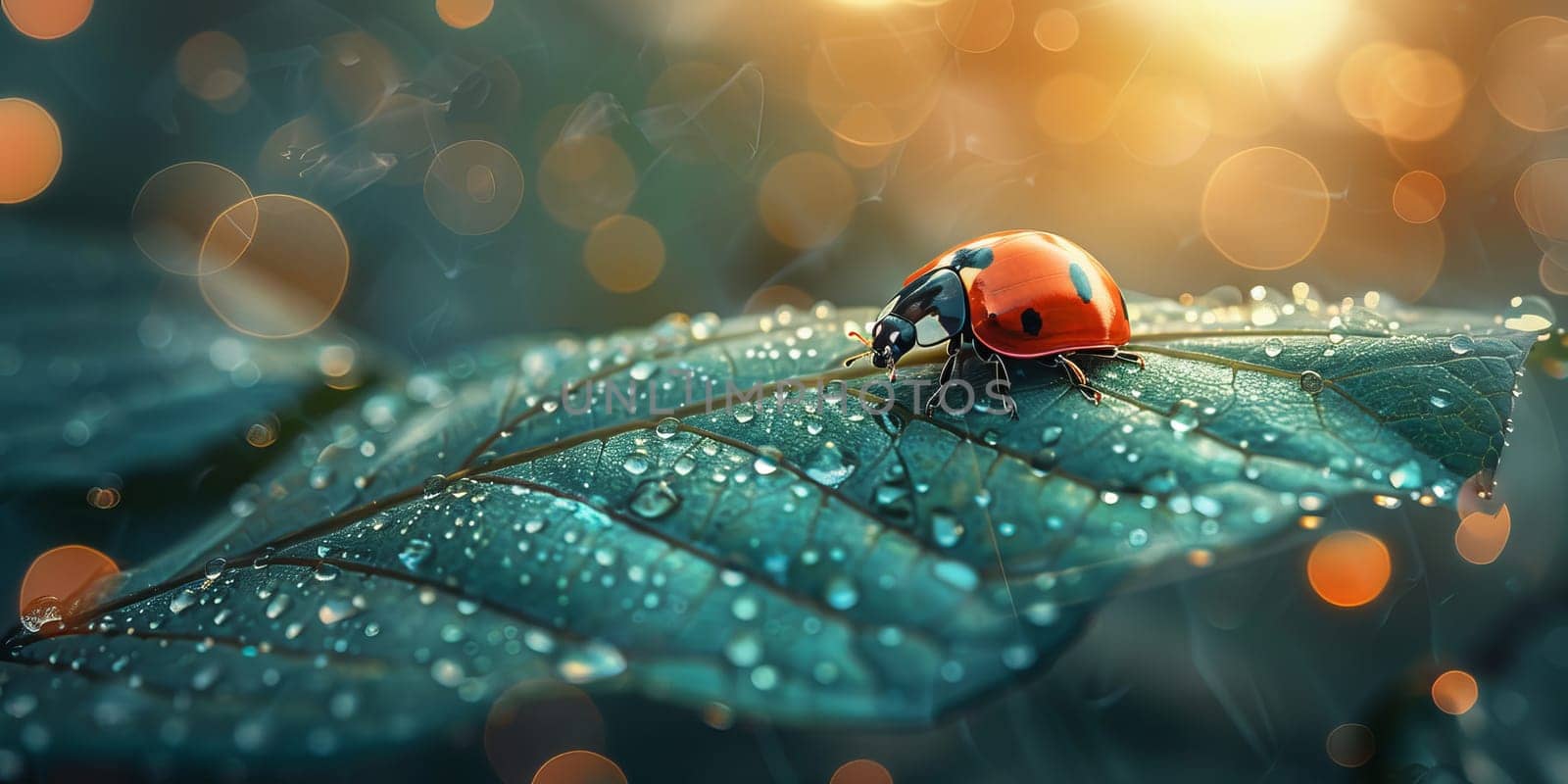 Beautiful ladybug on a green leaf with bokeh background by ailike