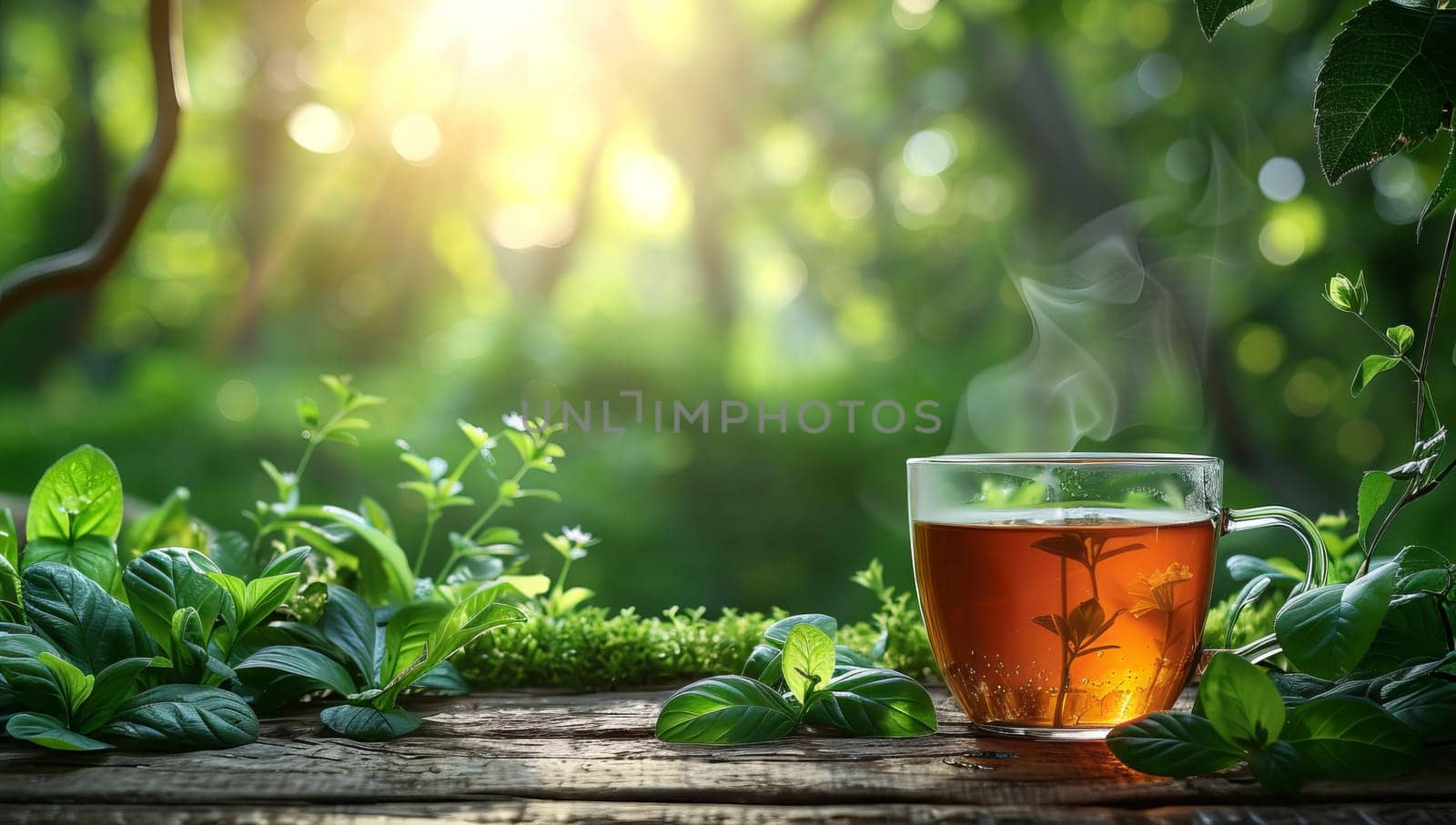 cup of green tea amidst lush greenery under the morning sun by ailike