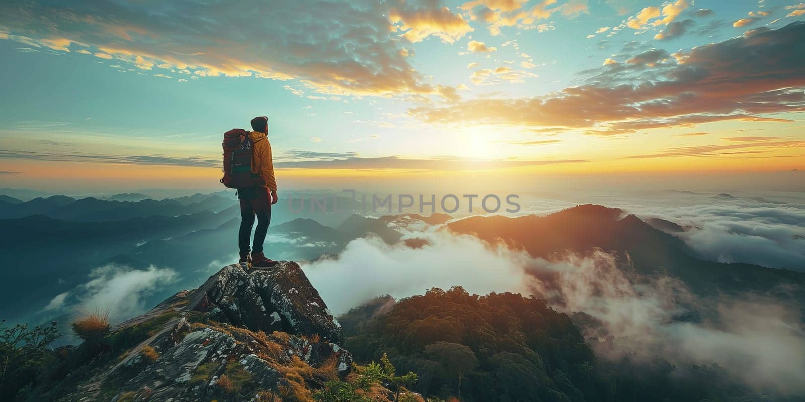 Man with backpack standing on the top of the mountain and enjoying the sunrise by ailike