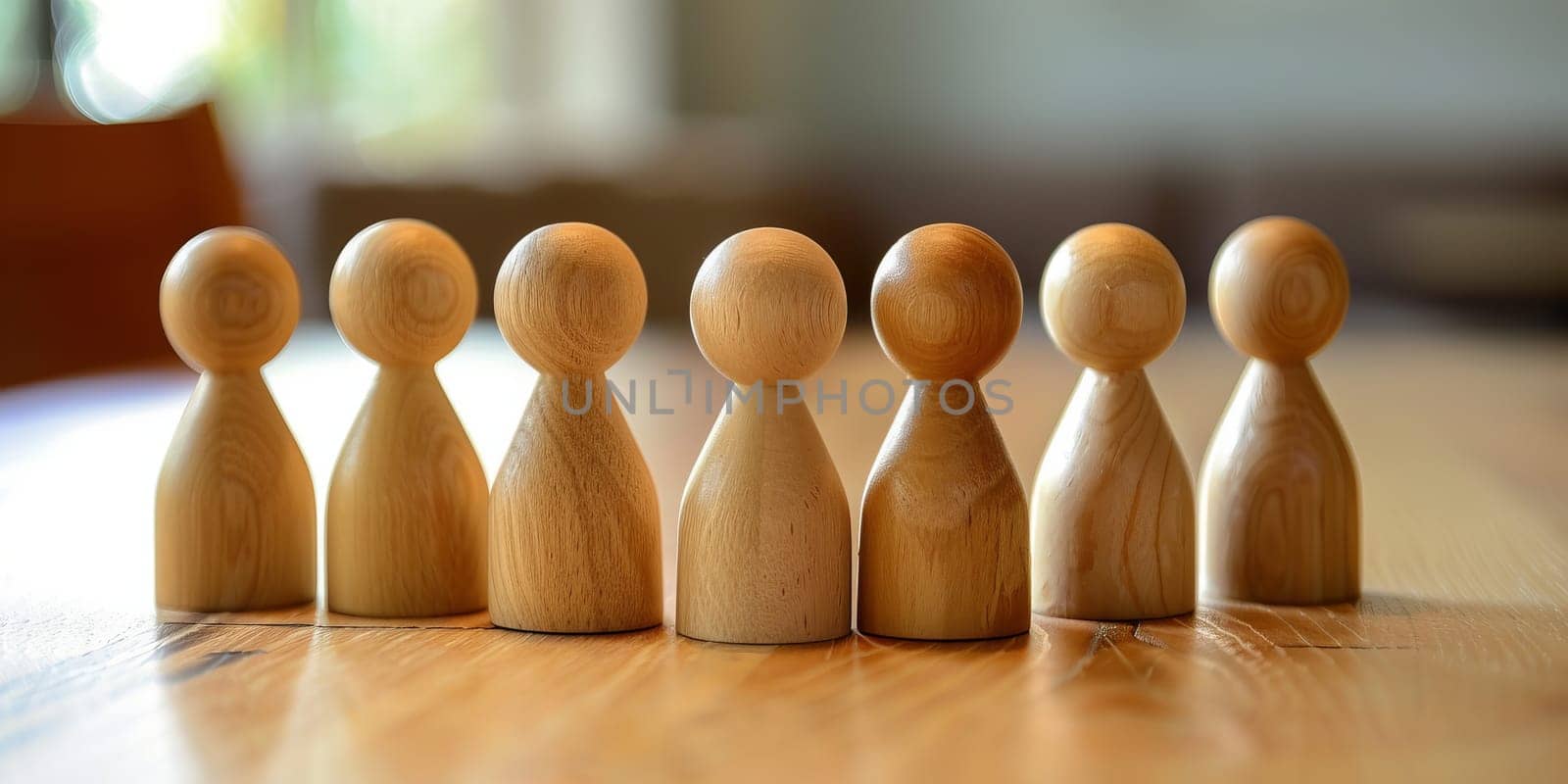 Group of wooden people standing in a row on a wooden table. by ailike