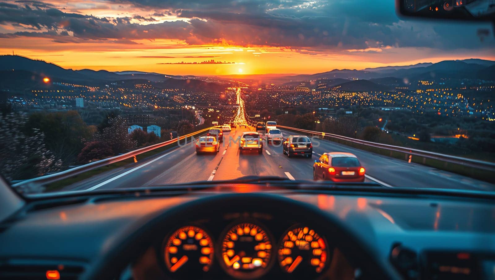 Sunset view from a car on a busy highway