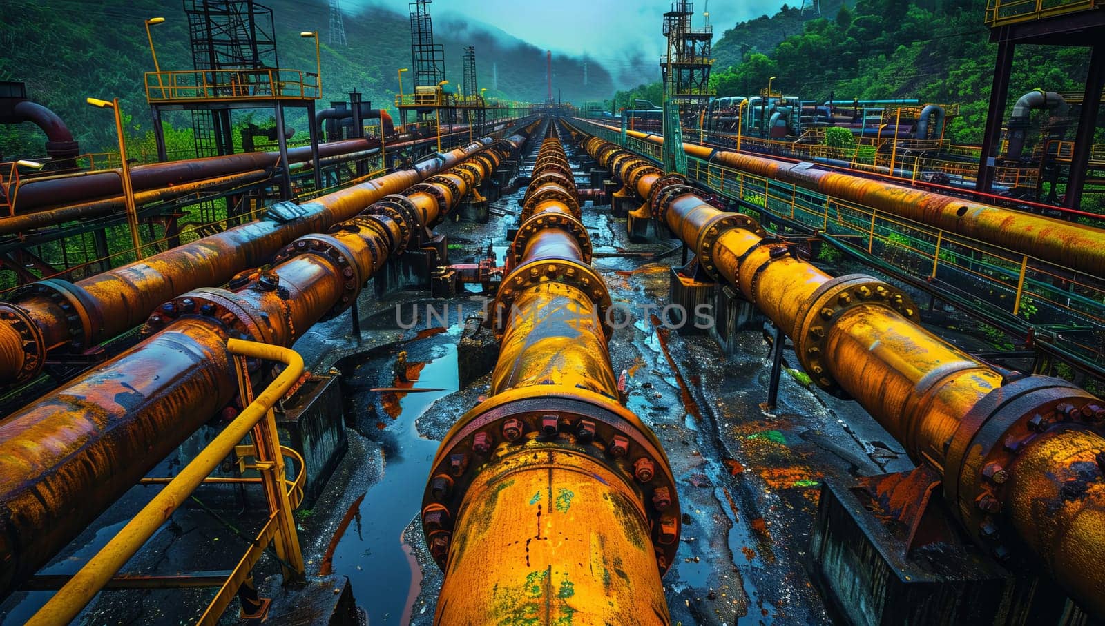 Pipes and valves of a petrochemical plant in the mountains by ailike