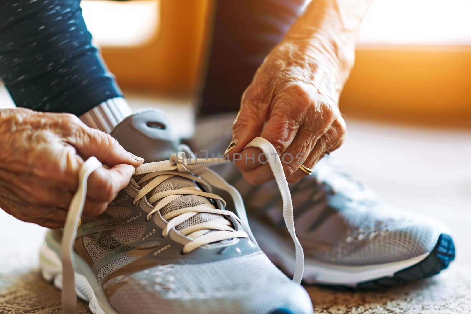 Middle aged man tying his shoelaces and getting ready to go workout by sarymsakov