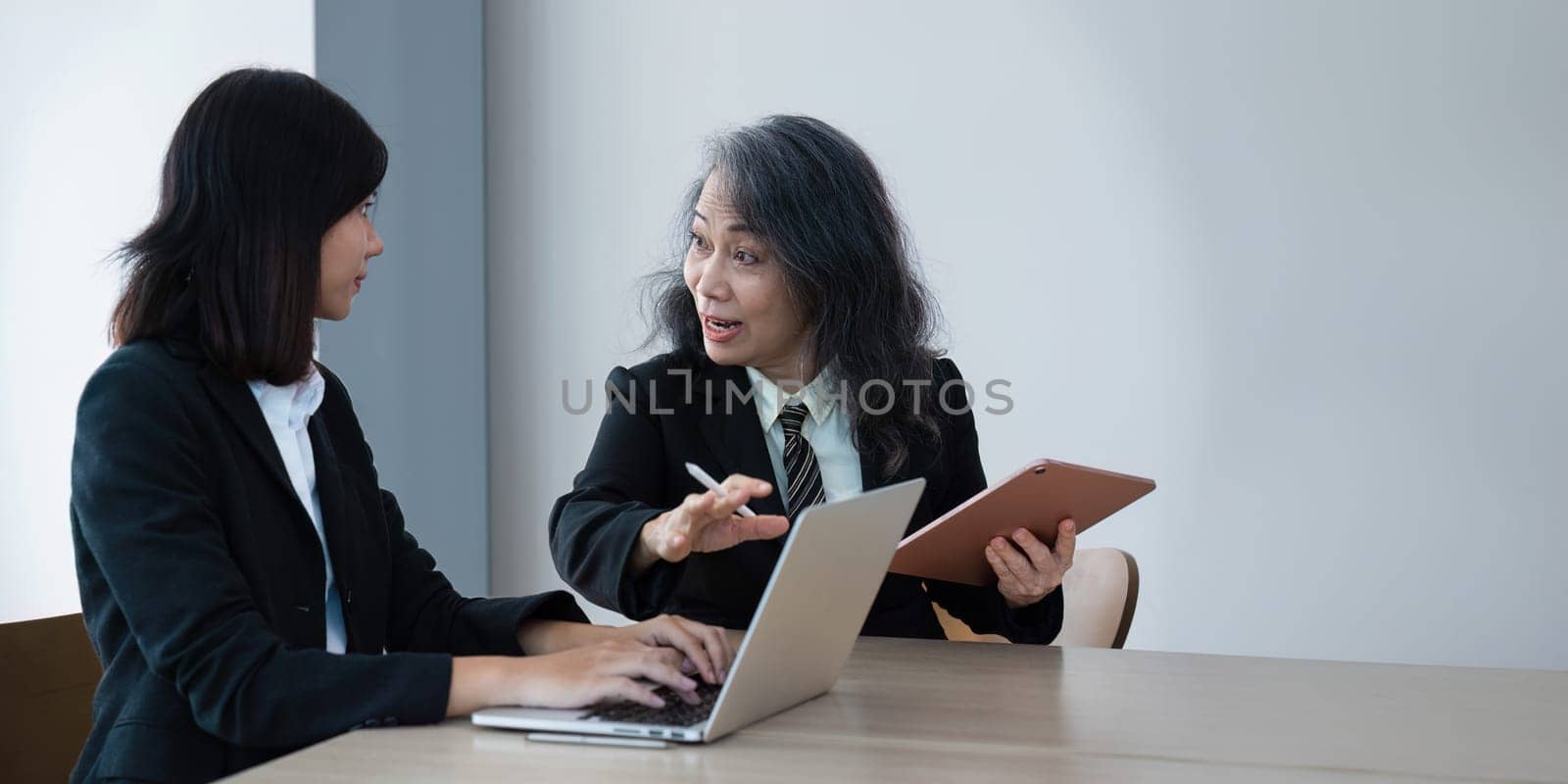 senior business professional woman talking to younger female colleague at office table, speaking, gesturing, teaching, explaining work tasks by itchaznong