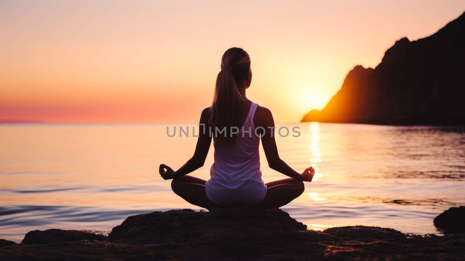 Woman girl happy smiling white Caucasian doing sports and yoga ocean shore against the backdrop of the sun, uniting with nature. Healthy spirit, healthy lifestyle, proper nutrition, mental health, sports and training, loss of excess weight, muscles.