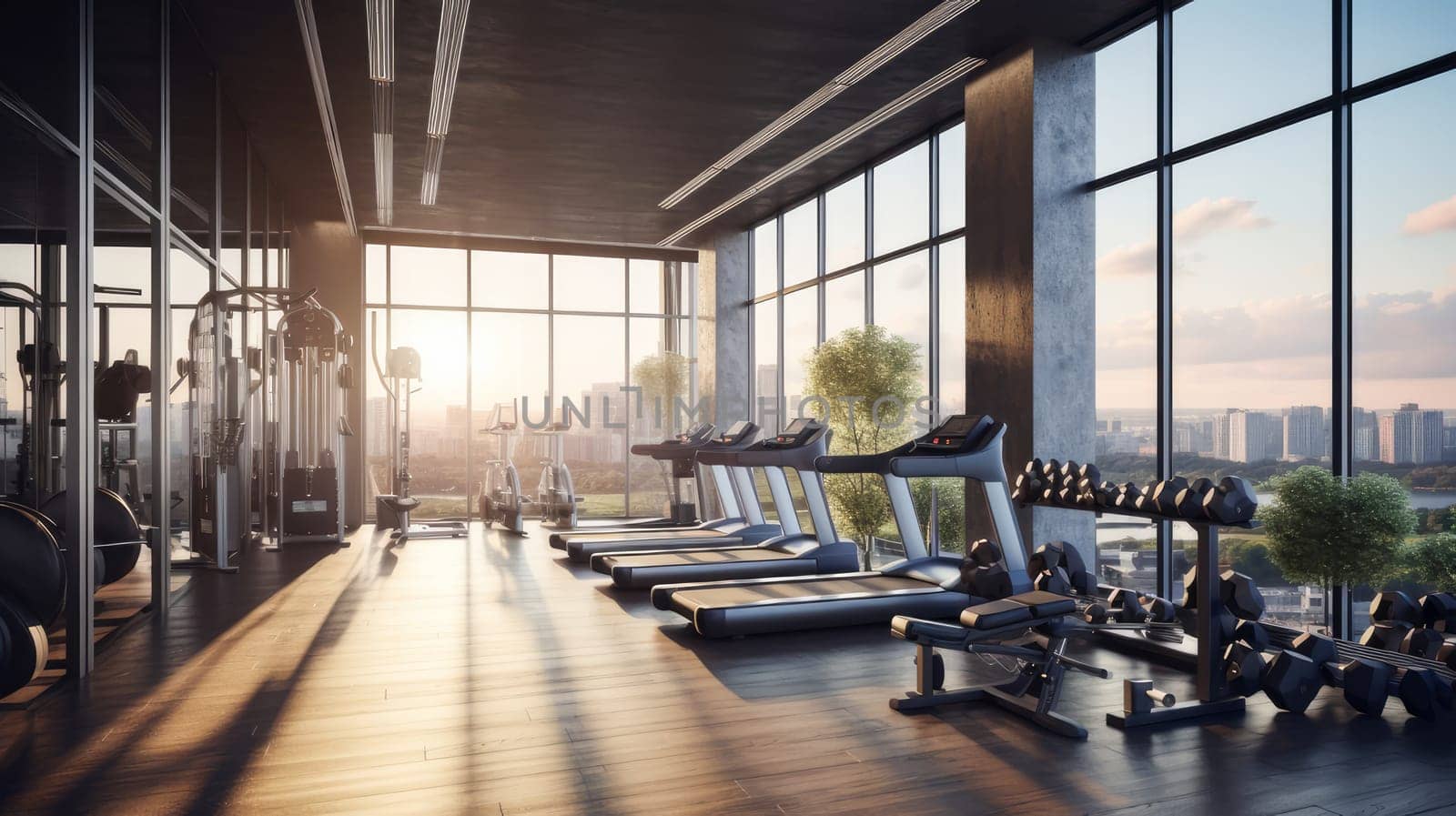 Bright modern gym with sports equipment and exercise equipment with large windows. Healthy spirit, healthy lifestyle, proper nutrition, mental health, sports and training, loss of excess weight, muscles.