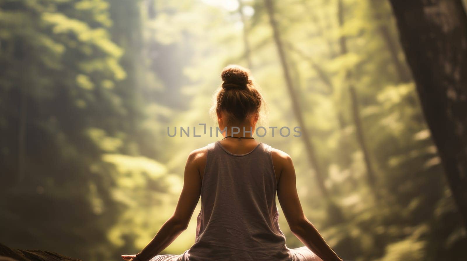 Woman girl happy smiling white Caucasian doing sports and yoga outdoors in the forest, uniting with nature. Healthy spirit, healthy lifestyle, proper nutrition, mental health, sports and training, loss of excess weight, muscles.