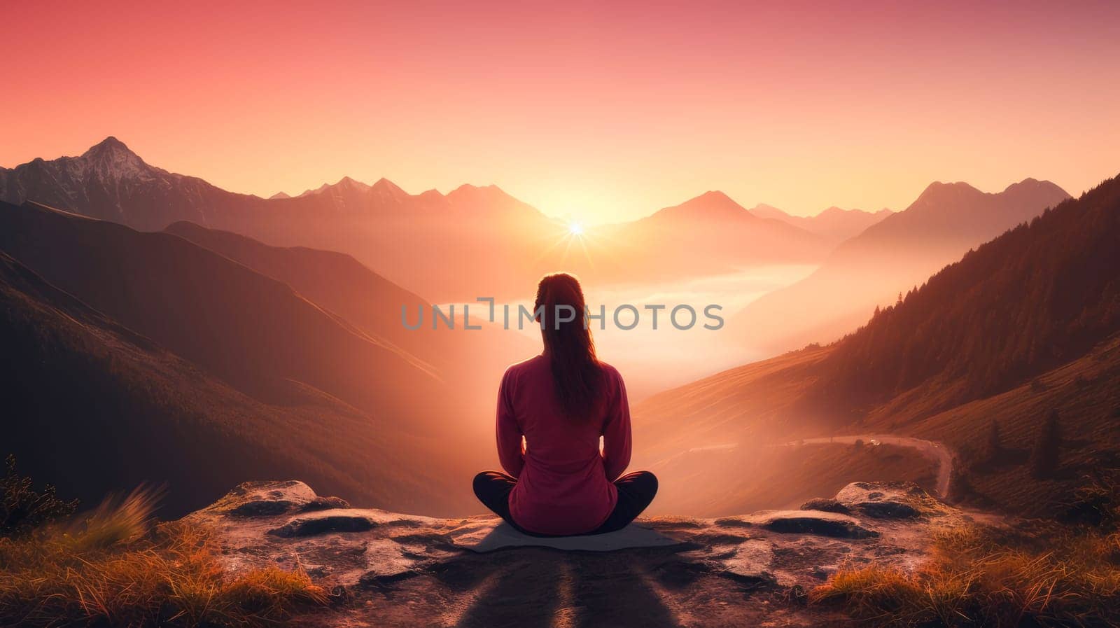 Woman girl happy smiling white Caucasian doing sports and yoga in nature in the mountains against the backdrop of the sun, uniting with nature. Healthy spirit, healthy lifestyle, proper nutrition, mental health, loss of excess weight, muscles.