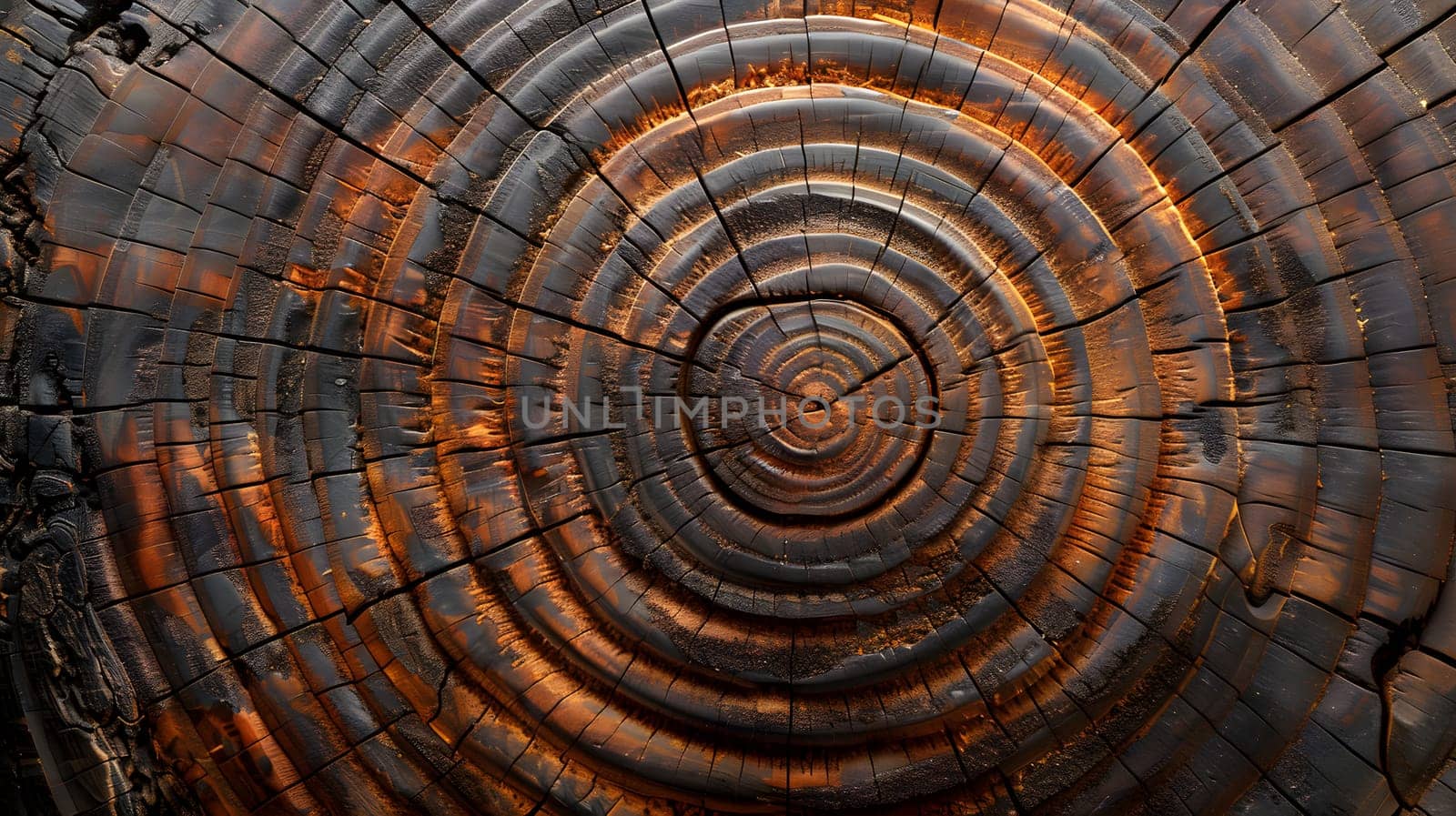 A closeup of a brown tree stump revealing the intricate patterns of its rings, showcasing the natural symmetry and beauty of this terrestrial animals natural material