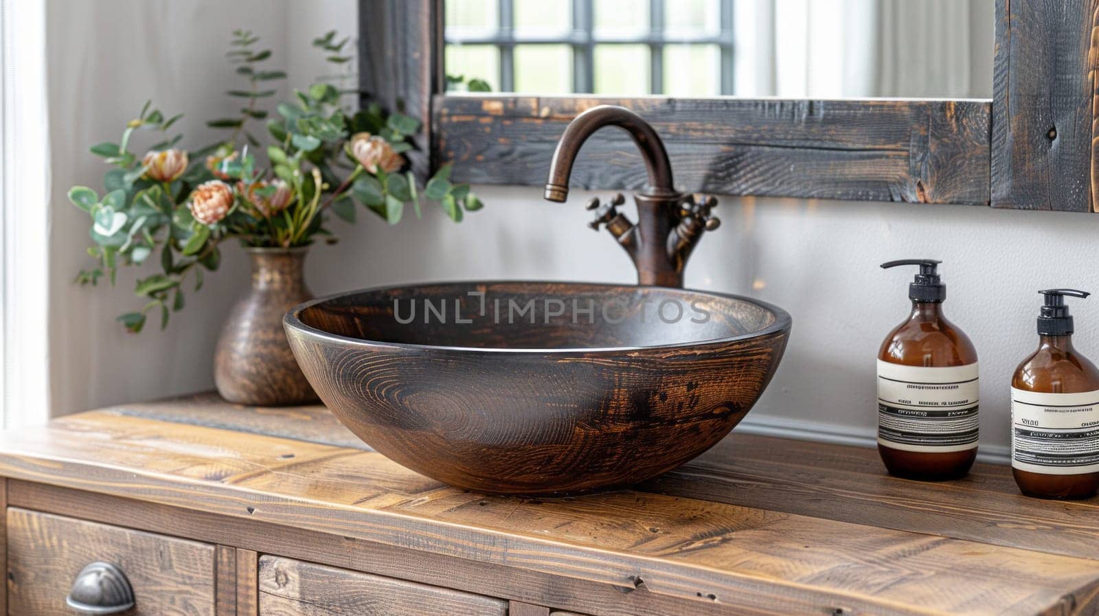 Stylish vessel sink and faucet on wooden countertop. Interior design of modern bathroom by NataliPopova