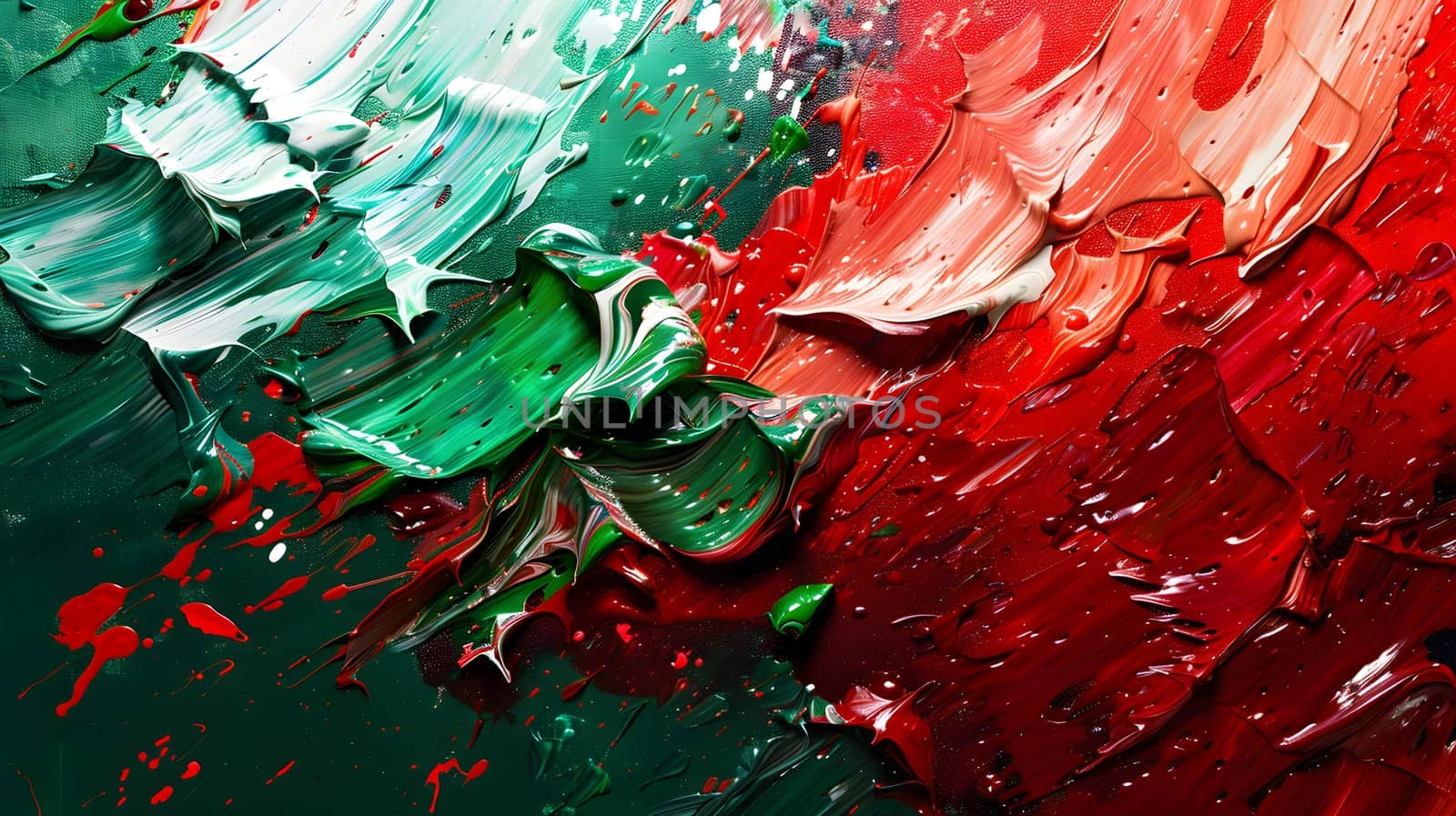 An intricate painting featuring a closeup of a red, green, and white pattern, created with fluid and liquid art paint on glass. A captivating art event