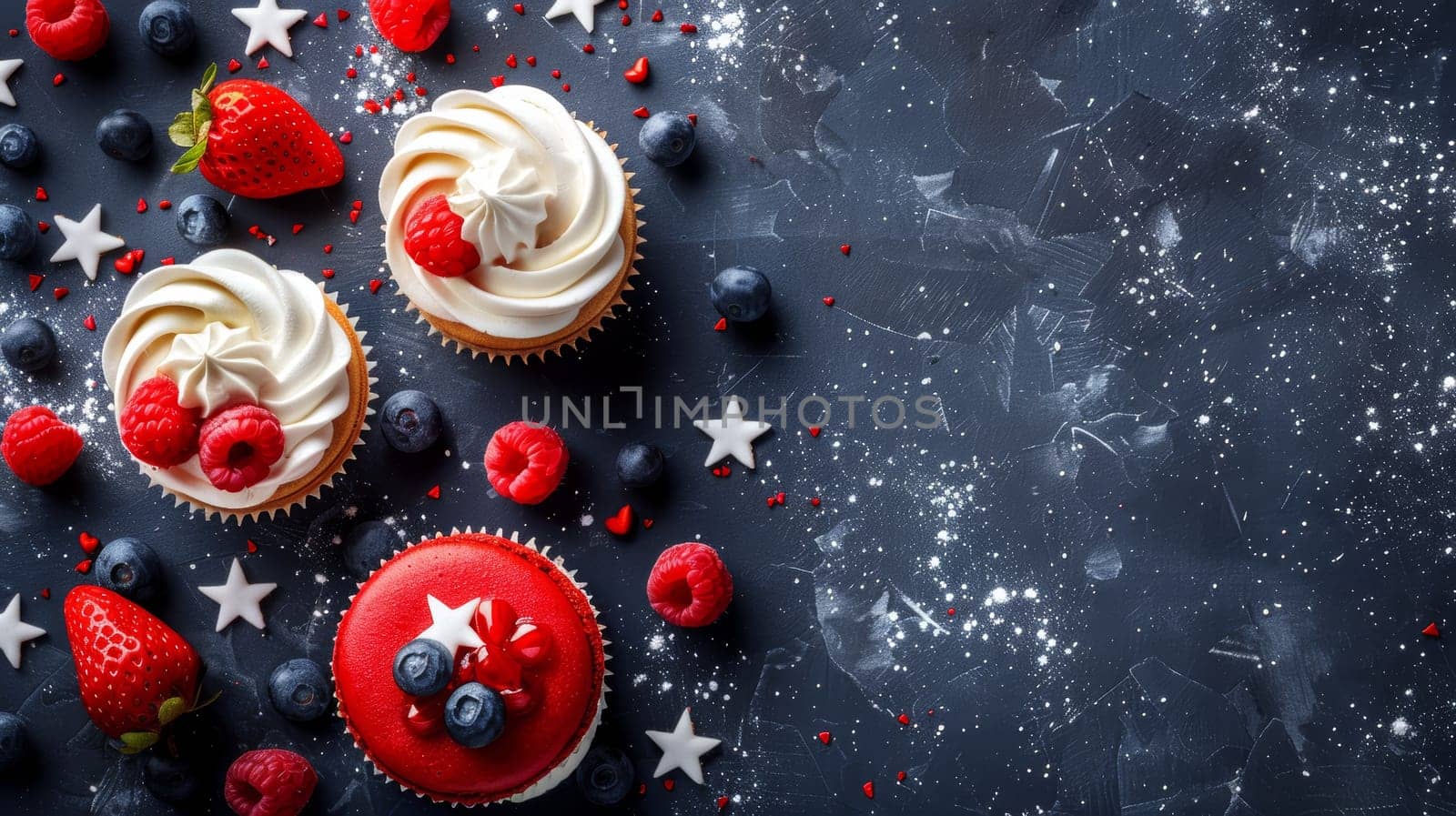 4th of July Cupcakes and Macarons with Berries and Whipped Cream
