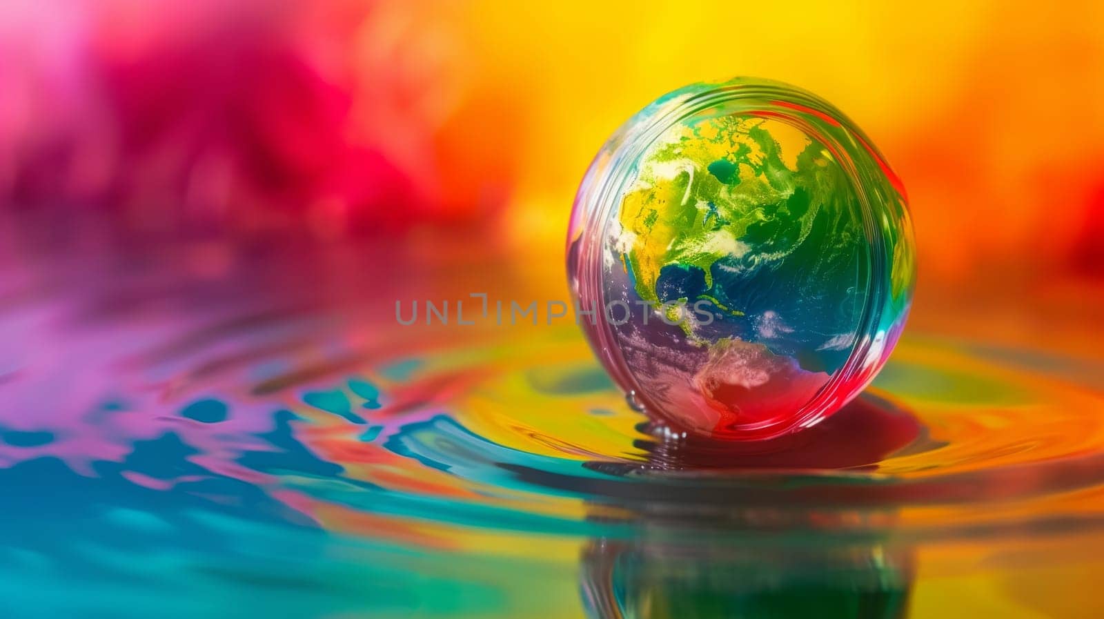 Planet Earth Globe in Water Droplet Reflection with Colorful Background
